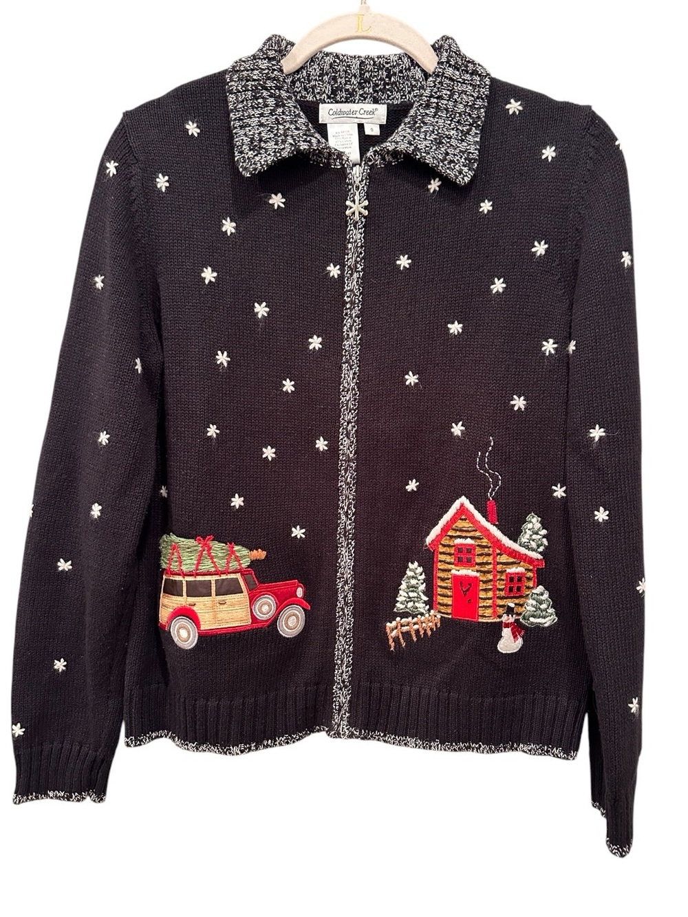Coldwater Creek Holiday Zip Cardigan Sweater Winter Cabin Embroidery Sz S